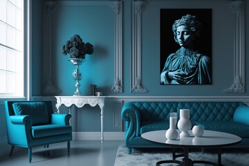 Living room in monochrome blue