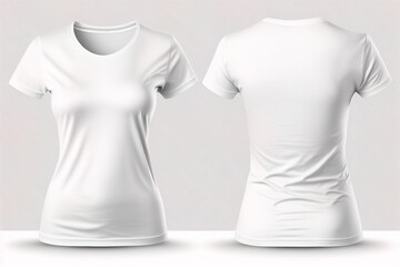 White empty T-shirt woman template invisible model body, empty crewneck shirt front and back view tees