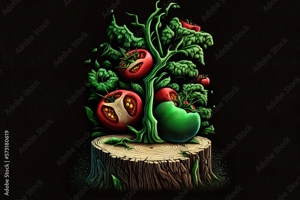 Poster black backdrop, vertical closeup of green and red tomatoes on a tree trunk. generative ai