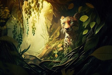 Tiger in the beautiful forest scene. Generative AI