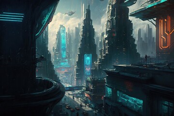 Futuristic city at night. Cityscape with building, tower and skyscraper. Generative AI