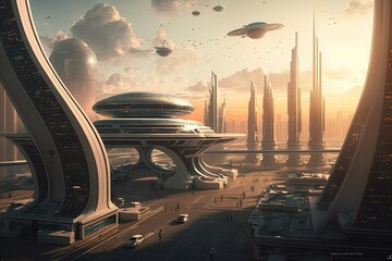 Naklejka na ściany i meble Futuristic city with skyscrapers, towers, tall buildings, flying vehicles. Generative AI