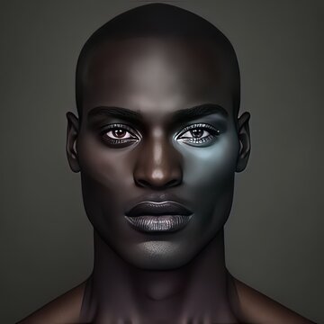 Handsome black man with make-up on gray background. Lgbt, non-existent person, male model, style, skincare, high resolution, art, generative artificial intelligence