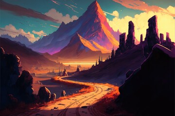 Early morning over the winding road. Illustration scene. Generative ai.	