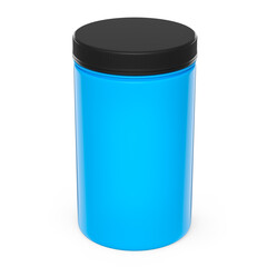 Blue plastic jar for sport nutrition whey protein powder isolated on white