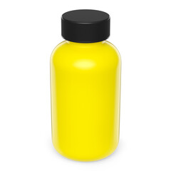 Yellow plastic jar for sport nutrition whey protein powder isolated on white