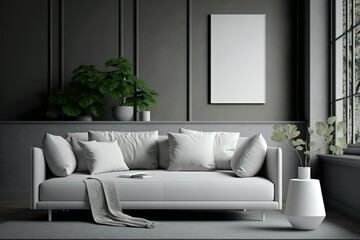 mock up modern interior sofa in living room, empty wall