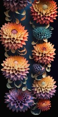 Chaînes de fleurs de dahlia avec différentes couleurs dégradées et une texture de papier froissé.