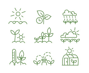 Agriculture field icons set. Growing plants. Editable stroke size. Vector line.