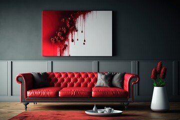 Rotes Sofa im Wohnzimmer vor Wand