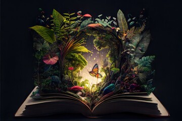 Nature lives in the book. Nature book stories concept. Generative ai.