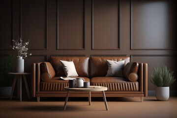 simple room interior render with brown leather sofa in darck style 3d render image