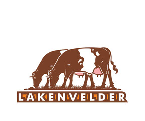 LAKENVELDER DAIRY COW LOGO, silhouette of smart ccattles eating grass vector illustrations