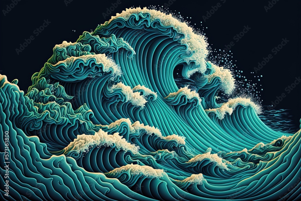 Poster horizontal view of the ocean's frothing waves generative ai