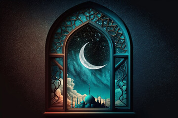 illustration of a mosque window with the moon in the background. Use negative space Generative AI
