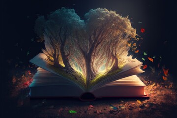 Forest in the book. Nature book stories concept. Generative ai.	