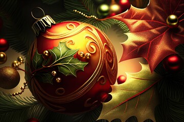 New Year and Merry Christmas Holiday Winter Background. Christmas decorations, backdrop with copy space, generative ai