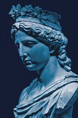 Portrait d'une personne stoïcienne, sculpture/statue grecque en marbre de style cyanotype.