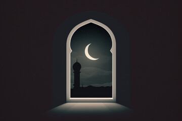 a minimalist illustration of a mosque window with the moon in the background Generative AI