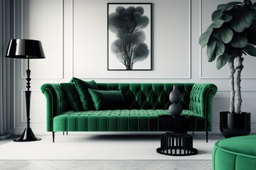Monochrome interior with green sofa