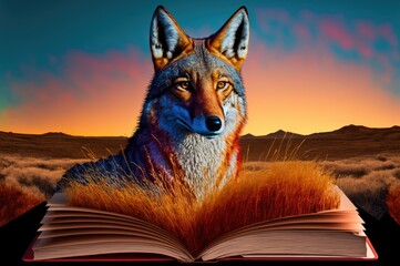 Fox in the sunset prairie. Animal book stories concept. Illustration scene. Generative ai.	
