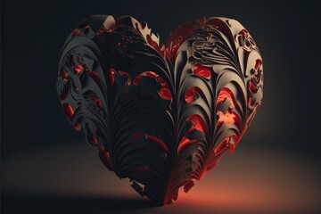 Red and black paper heart on dark background. Generative ai.