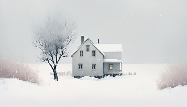 Lonely house with a tree in the field full of snow in winter. This image can be used as wallpaper or background. Minimalistic digital art painting style. Digital illustration generative AI.