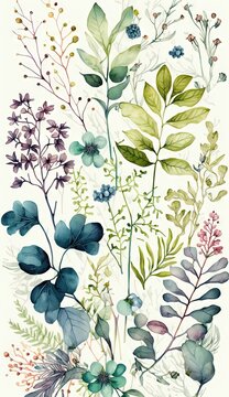 Mod&egrave;le sans couture aquarelle avec fleurs sauvages &eacute;th&eacute;r&eacute;es, feuilles. Plantes sauvages, fleurs, branches. Un fond floral Nature.