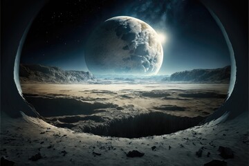 Nearby planet. Two worlds overlooking. Abstract space fiction and fantasy concept. Generative ai.