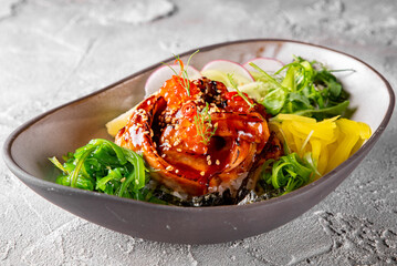 Salmon with Rice and Vegetable in bowl. donburi