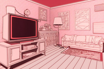 LoFi cartoon anime living room scene with a TV set, bookshelf, sofa & plants, pink duotone vector marker art, doodle illustration (generative ai)