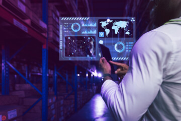 Futuristic smart warehouse and logistics concept, Warehouse staff working on data seeking with...