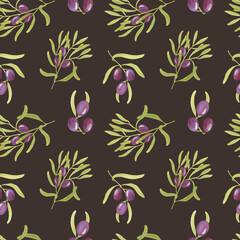 Watercolor seamless pattern with black olives Tree branches on a dark background. Hand drawn illustration. Design for decorating cosmetics, food packaging, menus and textiles