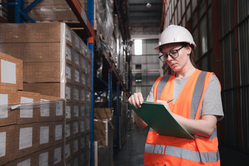Female workers in safety helmet writing clipboard checking inventory stock at warehouse. Retail warehouse with full shelves of goods cardboard boxes, Product Distribution Delivery Center.