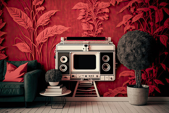 vintage white and red duotone lofi retro-futurism architectural living room scene with antique analog television and stereo equipment, urban living (generative ai) hyper-realistic 3d render