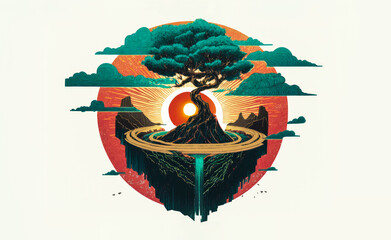 Mighty Tree in the center of a floating island during sunset with retro-futurism lines colorful Japanese comic cartoon UKIYO-E woodblock print isolated in a circle, white background (generative ai) 