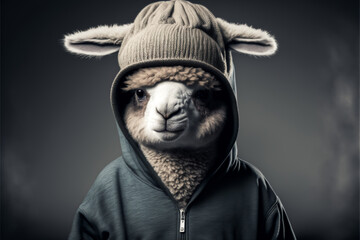 Portrait of Alpaca wearing street Hip-hop fashion streetwear. Animal wears Hip hop style fashion and concept. Made with Generative AI