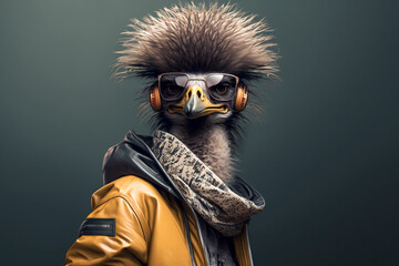 Portrait of Emu wearing street Hip-hop fashion streetwear. Animal wears Hip hop style fashion and concept. Rapper or DJ musician-like animal concept. Made with Generative AI