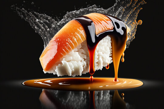 Nigiri Sushi falling into soy sauce with dynamic splash. Sushi in image is bouncing. Made with Generative AI
