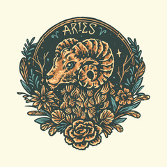 Aries Zodiac Vintage Hand Drawn Cartoon Illustration