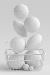 Set of ball like basketball, football and golf in shopping basket on monochrome