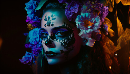Beautiful girl wearing flowers make-up on dark forest background. Generative AI