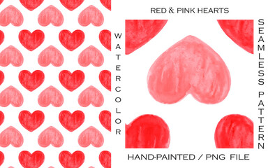 Watercolor hand-painted abstract seamless pattern of red and pink hearts, PNG file. Suitable for fabrics, prints, postcards, invitations, mobile apps, banners design, internet ads and more.