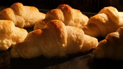 French croissants baking in oven. Timelapse of freshly baked croissants. Bakery concept. Yummy pastry. Homemade bakery. Breakfast. Delicious croissants rising up in oven. Close-up in 4K, UHD
