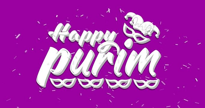 Happy Purim text animation. 3D Handwritten inscription in white color with particles on the purple screen alpha channel. Jewish holiday and Carnival funfair with Carnival masks. Happy Purim in Hebrew.