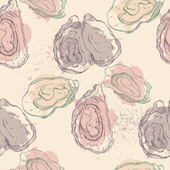 Oysters seamless pattern. Hand drawn sketch vector seafood illustration. Engraved retro style mollusks. Modern food background