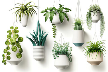 Collection of beautiful plants hanging in ceramic pots isolated on white
