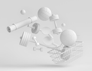 Sport equipment for fitness, gym in shopping basket on monochrome