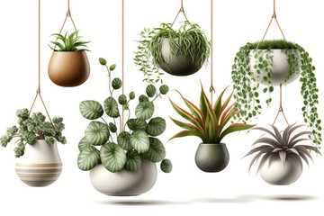 Collection of beautiful plants hanging in ceramic pots isolated on white