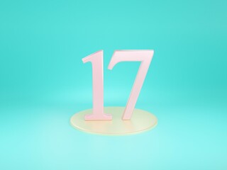 Pink seventeen or 17 on blue background 3d rendering Illustration for business ideas